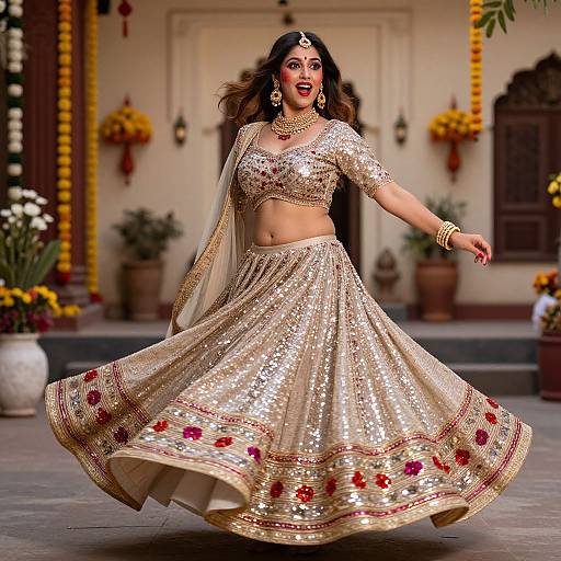 Photograph of a glamorous Indian woman in a sparkling gold and red traditional lehenga, mid-dance, adorned with jewelry, in a decorated, orn
