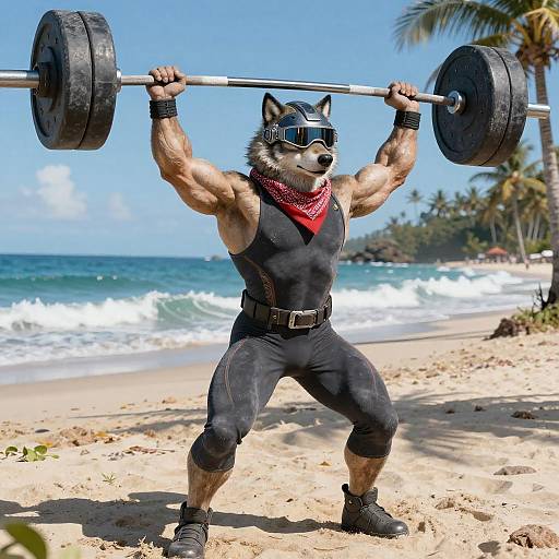Cyberpunk Wolf Bodybuilder on Tropical Beach