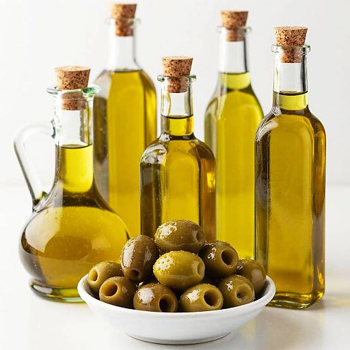 Vibrant Olive Oil Bottles and Olives