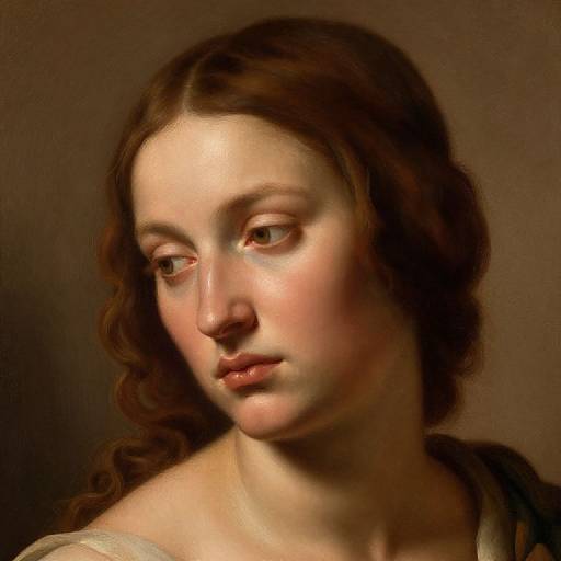 Photograph of a classical painting depicting a young woman with pale skin, brown wavy hair, soft features, and a serene expression against a brown background