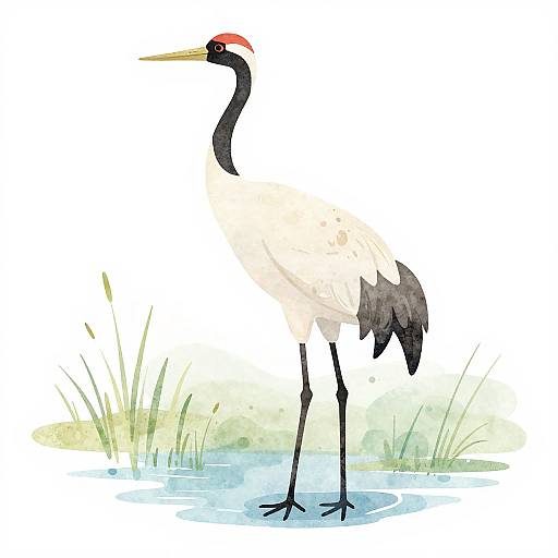 Digital illustration of a tall, elegant white crane with a black neck, red crown, yellow beak, and black-tipped wings, standing in shallow