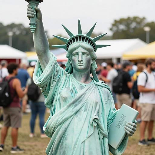 Photograph of the Statue of Liberty with raised torch, holding a book, surrounded by blurred crowd at an outdoor event.