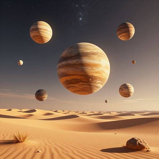 Digital artwork of a desert planet with six giant Jupiter-like planets floating in a starry sky, casting shadows on golden sand dunes.