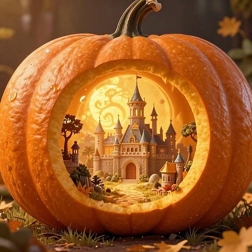 Photorealistic CGI of a glowing pumpkin carving revealing a detailed, fairy-tale castle with turrets and autumn foliage in the background.