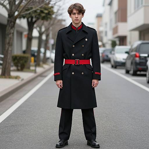 Photograph of a young man with light brown hair, standing on a city street, wearing a black double-breasted coat with red trim and belt,