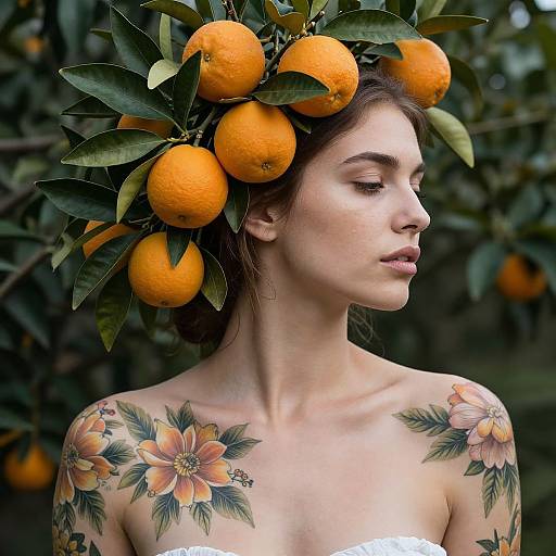 Photograph of a tattooed woman with orange fruit and leaves in her dark hair, showcasing floral tattoos on her shoulders, in an outdoor setting.