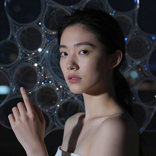 Photograph of an Asian woman with fair skin, dark hair, and neutral expression, pointing with her index finger, against a dark, circular-patterned