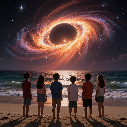 Digital art of five children standing on a beach, watching a glowing cosmic whirlpool over the ocean at night.