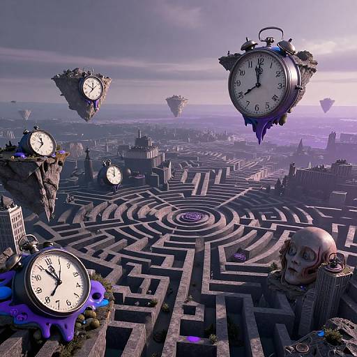 Digital artwork: Floating clock towers with roman numerals over a maze-like cityscape, skull in foreground, purple and grey tones, surreal style.