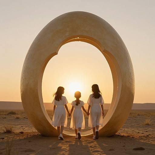 Photograph of three women in white dresses holding hands, standing in front of a large circular concrete sculpture at sunset in a desert landscape.