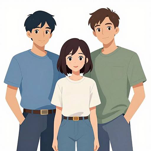 Digital anime-style illustration of a smiling family: two boys in blue and green shirts, and a girl in a white shirt and blue jeans. White background