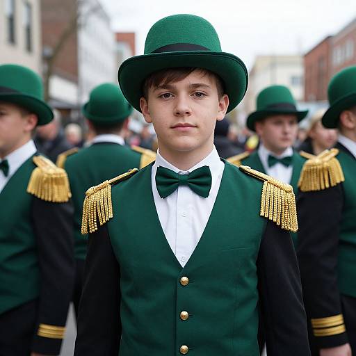 Photograph of a young boy in a green military-style uniform with gold epaulettes, black bow tie, and green hat, standing in a