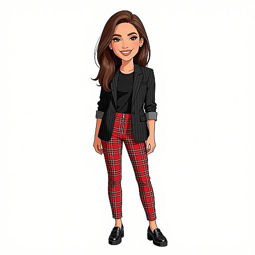 Digital illustration of a smiling woman with long brown hair, black blazer, red plaid pants, and black loafers, standing against a plain white