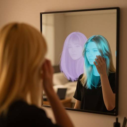 Photograph of a blonde woman adjusting her hair in front of a mirror, showing her blue-lit reflection with a purple-hued virtual overlay.