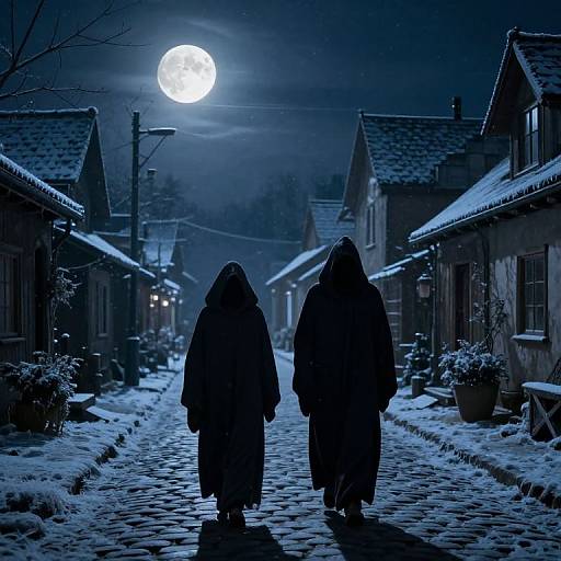Photograph of two hooded figures walking down a snow-covered, moonlit cobblestone street between snow-covered, wooden houses at night.
