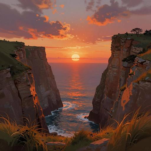 Vibrant Sunset Over Cliff Silhouettes