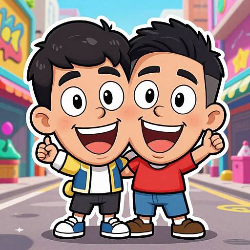 Cartoon image of two smiling, black-haired boys standing arm-in-arm in a colorful, vibrant city street, both wearing casual clothes.