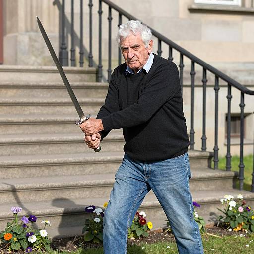 Elderly Man Holding Sword Outdoors