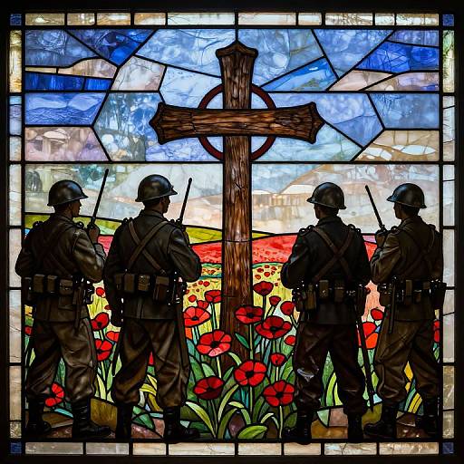 Stained glass artwork of three soldiers with rifles standing before a wooden cross in a vibrant red poppy field.
