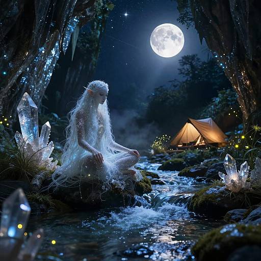 Ethereal Elf Meditating by Crystal River at Night