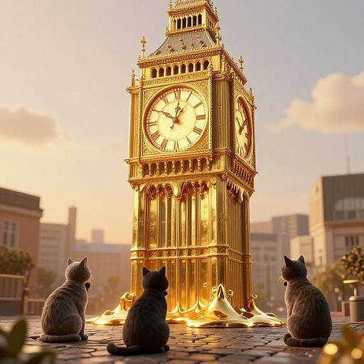 Surreal Golden Clock Tower with Cats