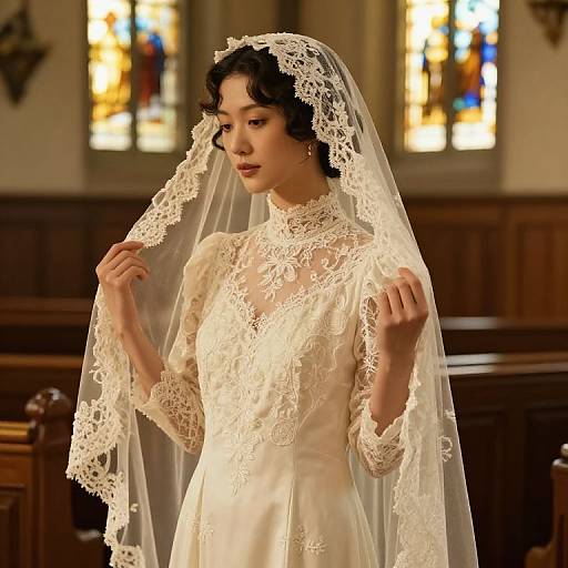 Photograph of an Asian bride with fair skin, short curly black hair, wearing an elaborate white lace wedding dress and veil, standing in a church with