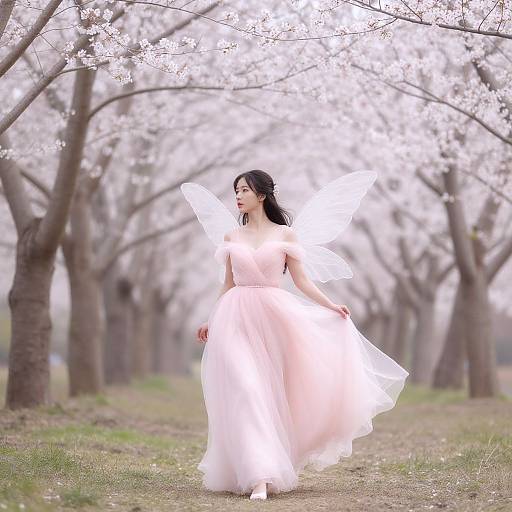 Ethereal Fairy Woman in Cherry Blossom Forest