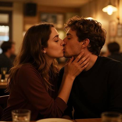 Photograph of a couple kissing in a dimly-lit, cozy restaurant. The woman, with long brown hair and a dark top, gently holds