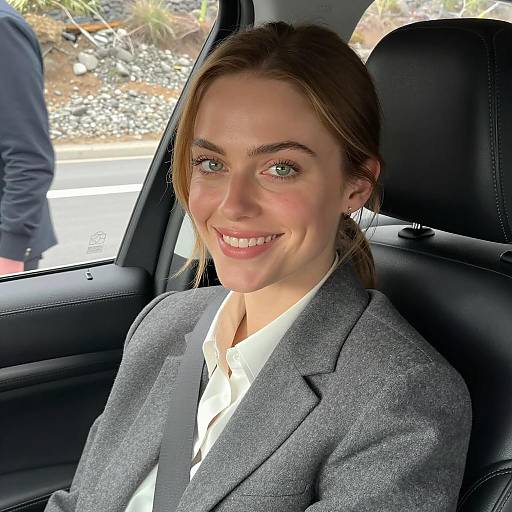 Smiling Woman in Car Wearing Gray Blazer