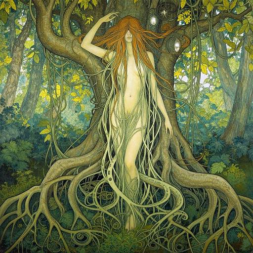 Digital fantasy art of a nude, ethereal woman with long brown hair, blending with a tree's roots in a sunlit forest.