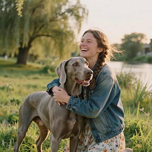 Joyful Woman Hugging Weimaraner by Riverside