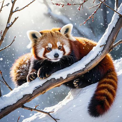 Red Panda Resting on Snowy Branch