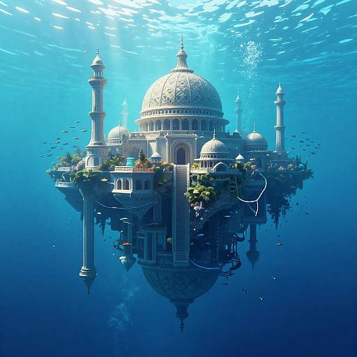 Digital artwork of an underwater mosque with a grand dome, minarets, and lush greenery, surrounded by schools of fish. Blue light filters through