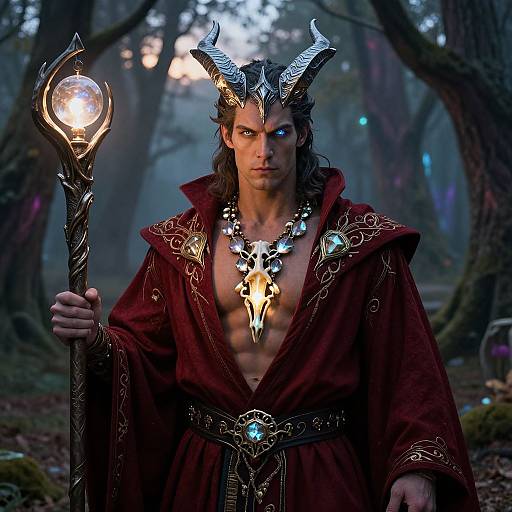 Digital fantasy artwork of a muscular, horned man with blue eye, wearing a red, ornate robe, holding a glowing staff, in a mist