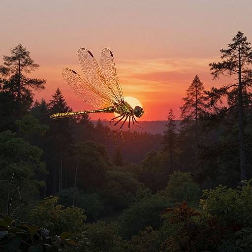 Photograph of a detailed, translucent dragonfly with droplets on its wings, silhouetted against a vibrant orange and pink sunset, over a