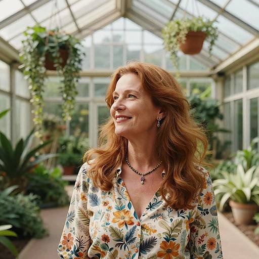 Photograph of a smiling middle-aged woman with wavy red hair, wearing a floral blouse, necklace, and earrings, in a sunlit greenhouse with