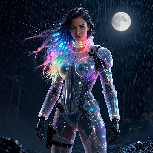 CGI image of a glowing, cybernetic woman in a rain-soaked night, illuminated by multicolored lights, under a full moon.