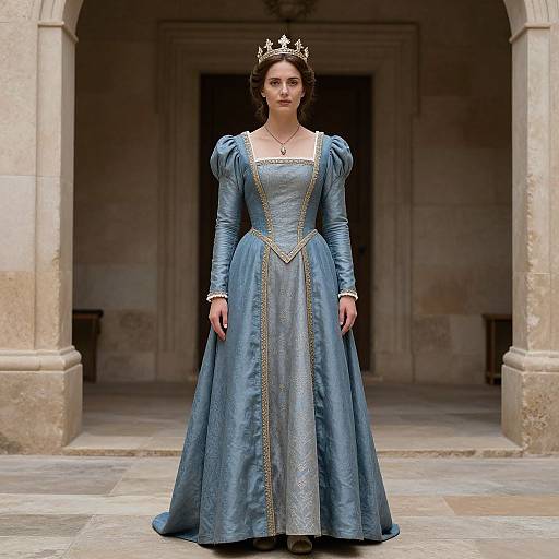 Photograph of a regal woman in a blue, medieval-style gown with puffed sleeves, silver crown, standing in a stone archway.