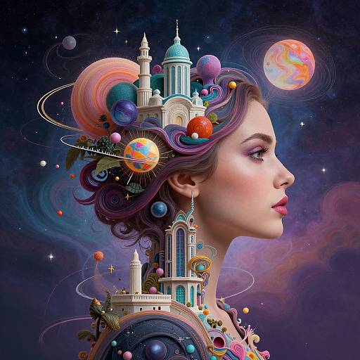 Digital art: Portrait of a woman with purple hair, adorned with colorful planets and a fantasy castle, set against a cosmic background.