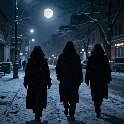 Photograph of three silhouetted figures in dark winter coats walking down a snow-covered, blue-lit urban street at night.