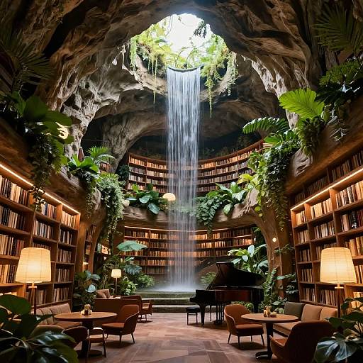 Photograph of a lavish library with a cascading waterfall beneath a rocky arch ceiling, surrounded by lush greenery and bookshelves. Warm lighting,