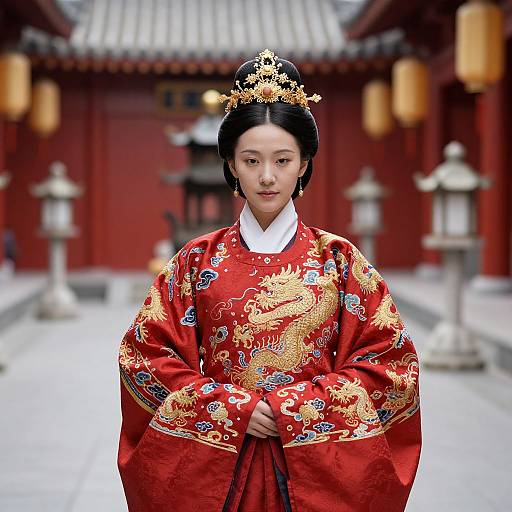 Photograph of an East Asian woman in traditional red kimono with gold dragon patterns, black hair in an updo, gold crown, standing in a