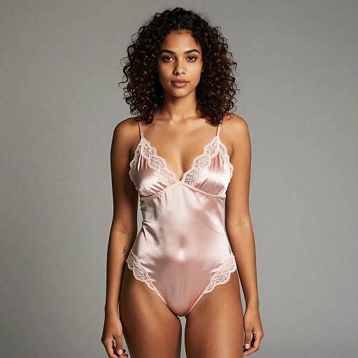 Young Woman in Pink Silky Lingerie