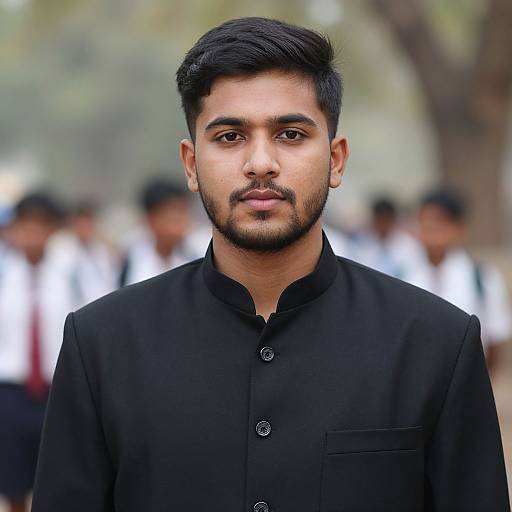 Photograph of a young Indian man with medium brown skin, black short hair, and trimmed beard, wearing a black button-up shirt, standing in front