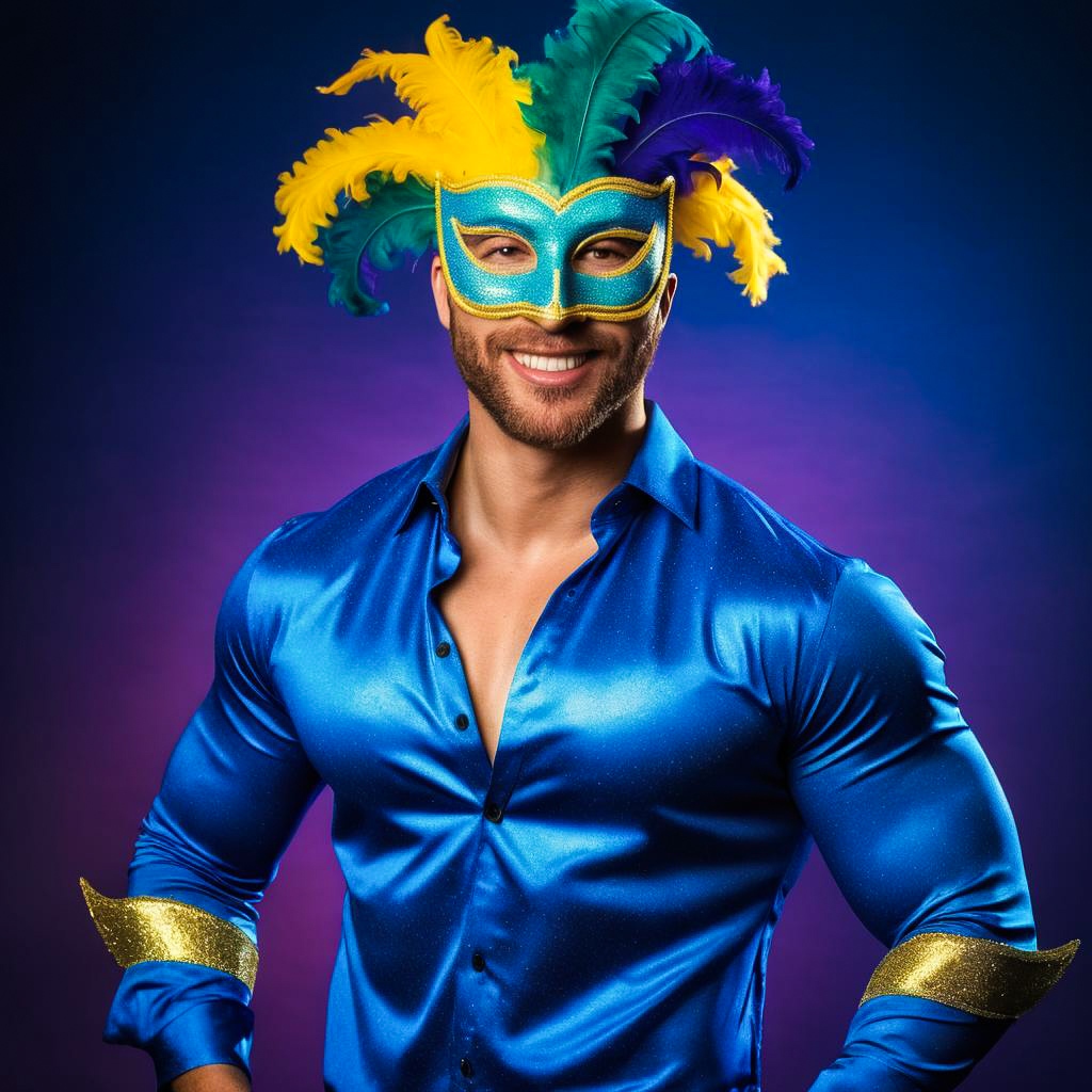 Vibrant Masquerade Portrait of Grinning Man