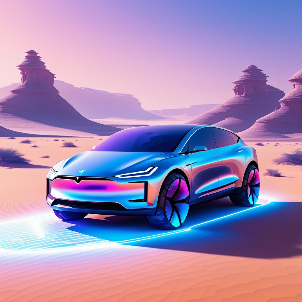 Futuristic Tesla SUV in Holographic Desert