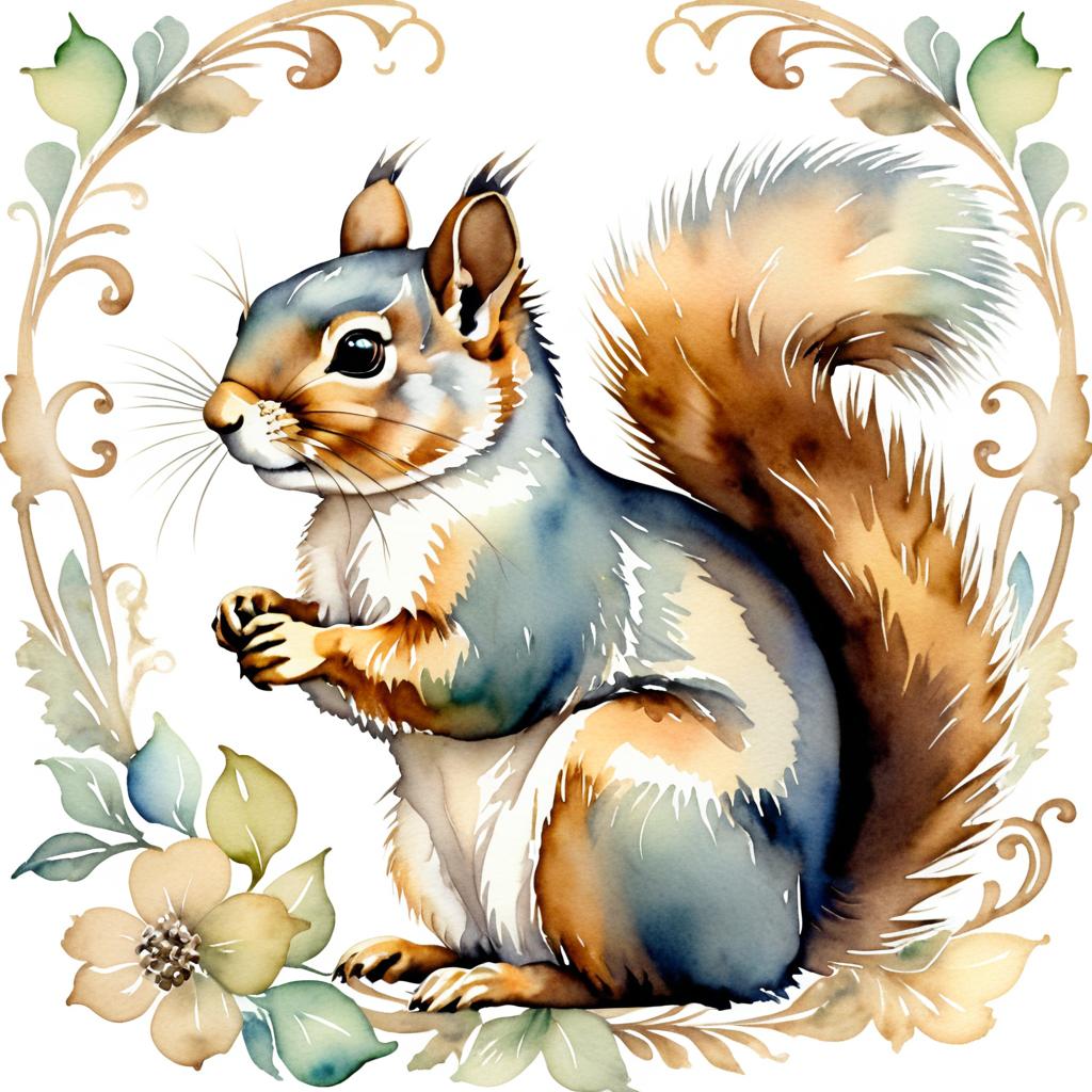 Victorian Watercolor Squirrel Portrait