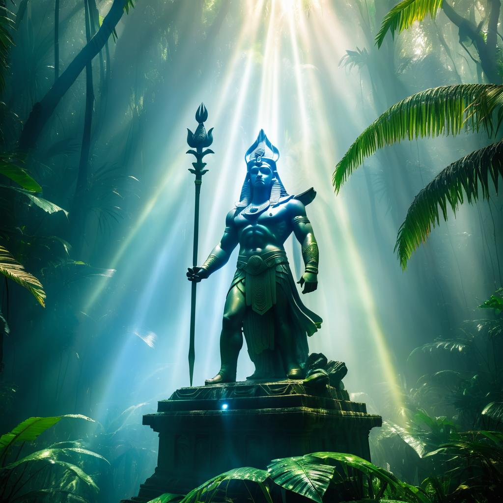 Ancient Ra Statue in Jungle Mist