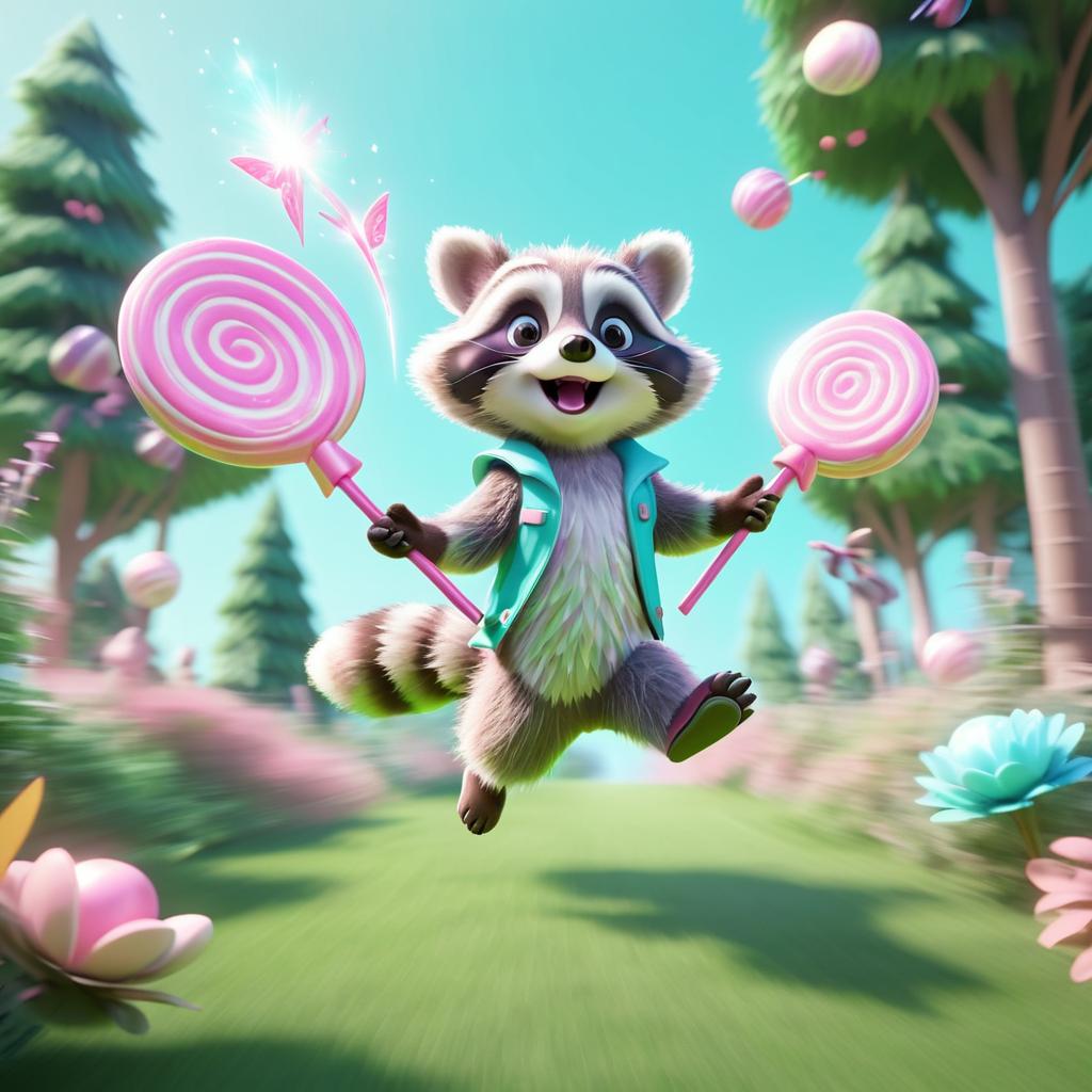 Whimsical Raccoon in a Candy Garden