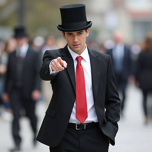 Photograph of a handsome man in a black suit, white shirt, red tie, and black top hat, pointing forward with a confident expression, surrounded